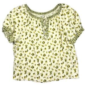 Max Studio Peasant Top Botanical Cream Citrus Lemons Stretch Boho Blouse Plus 3X